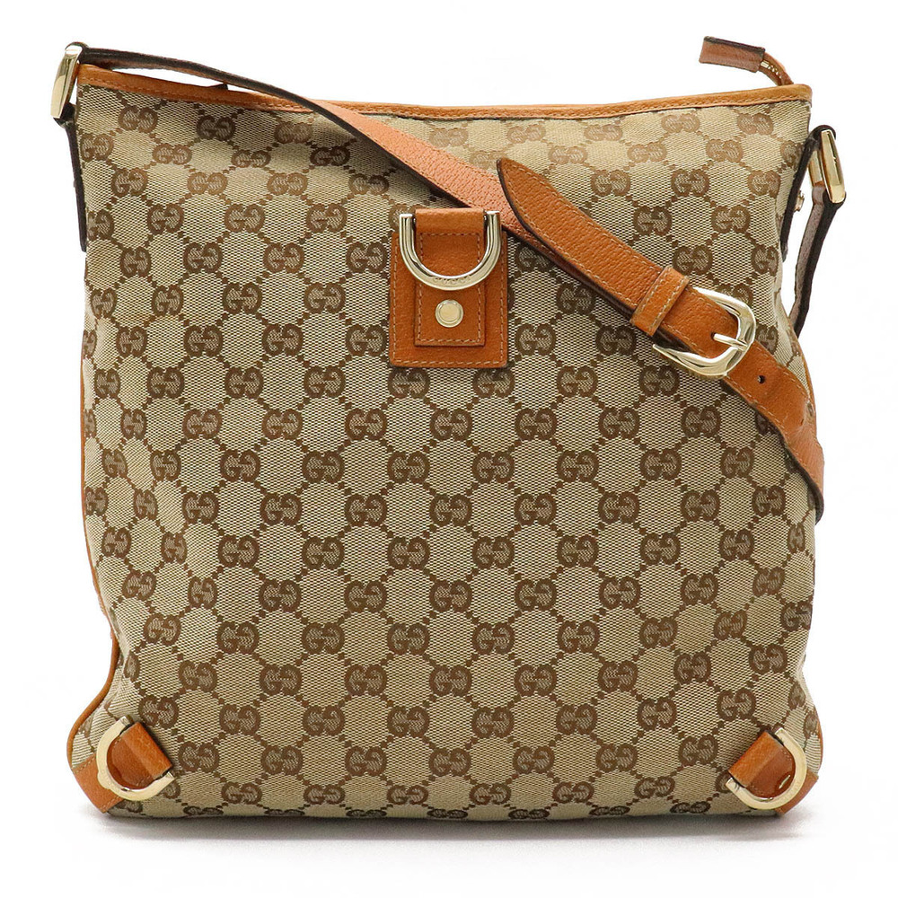 Gucci GG Canvas Crossbody Bag Leather Beige Brown Cream Brown